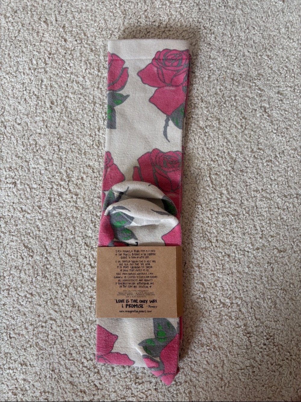 Magnolia Pearl Cream Floral Knee-High Socks - Pink & Green Rose Print - Picture 5 of 7